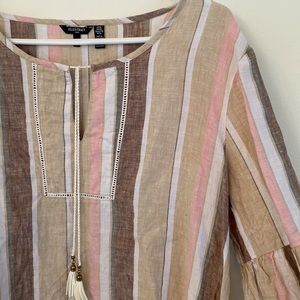 ELLEN TRACY 100% linen striped tassel boho top